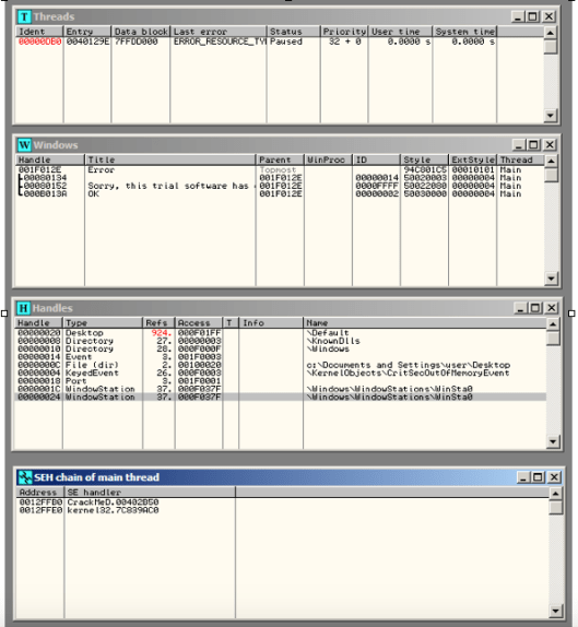 Figure 7: The Threads, Windows, Handles, and SEH windows